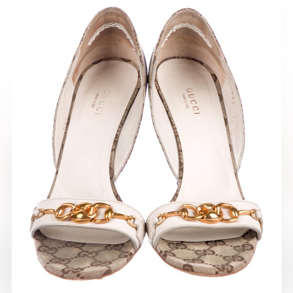 Gucci Beige Monogram Open-Toe Chain Detail Heels - Picture 2 of 11